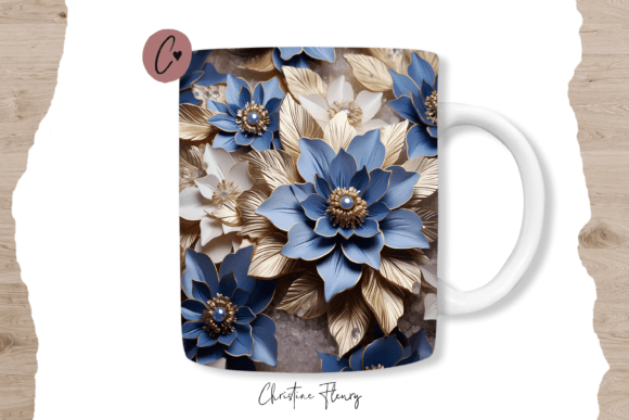 3D Blue Gold Flowers Mug Wrap