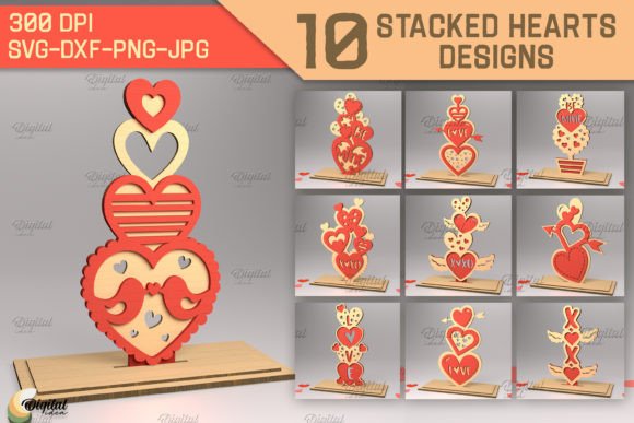 3D Stacked Hearts Bundle. 3D Laser Cut