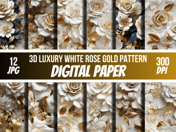 3D White Rose Gold Pattern Digital Paper for Creative Expression
