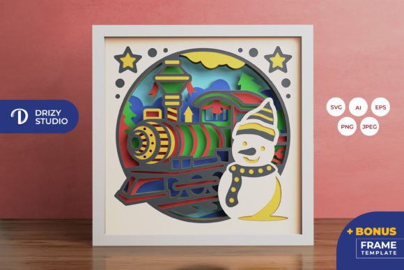 Snowman and Winter Train 3D Shadow Box